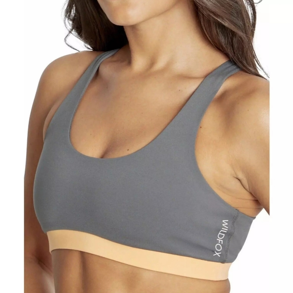 NEW! WILDFOX Chloe Grey Sports Bra Bralette Criss-Cross Back Orange Contrast XS